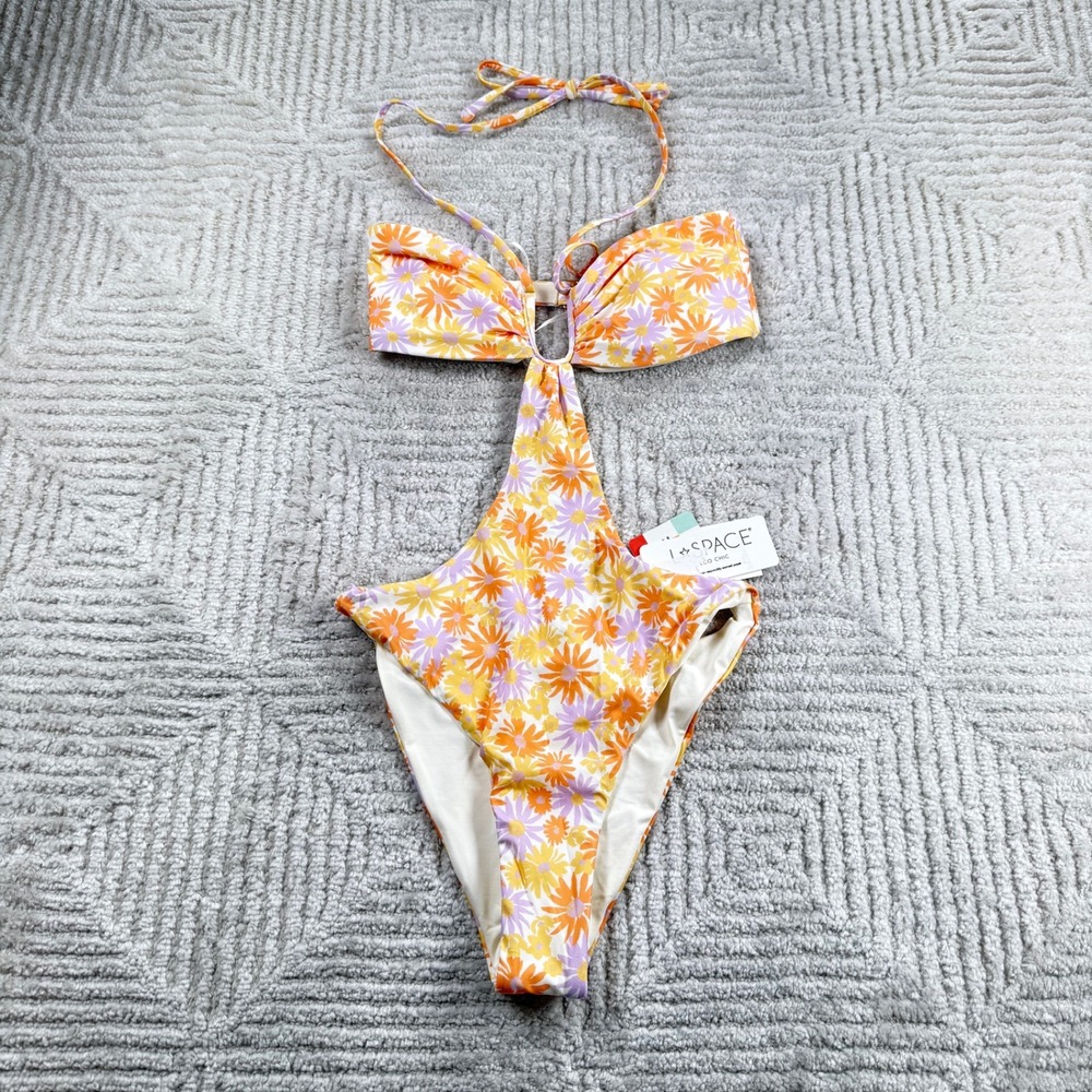 L*Space Marina One Piece Swimsuit Womens XS Floral Cutout Monokini Orange NWT